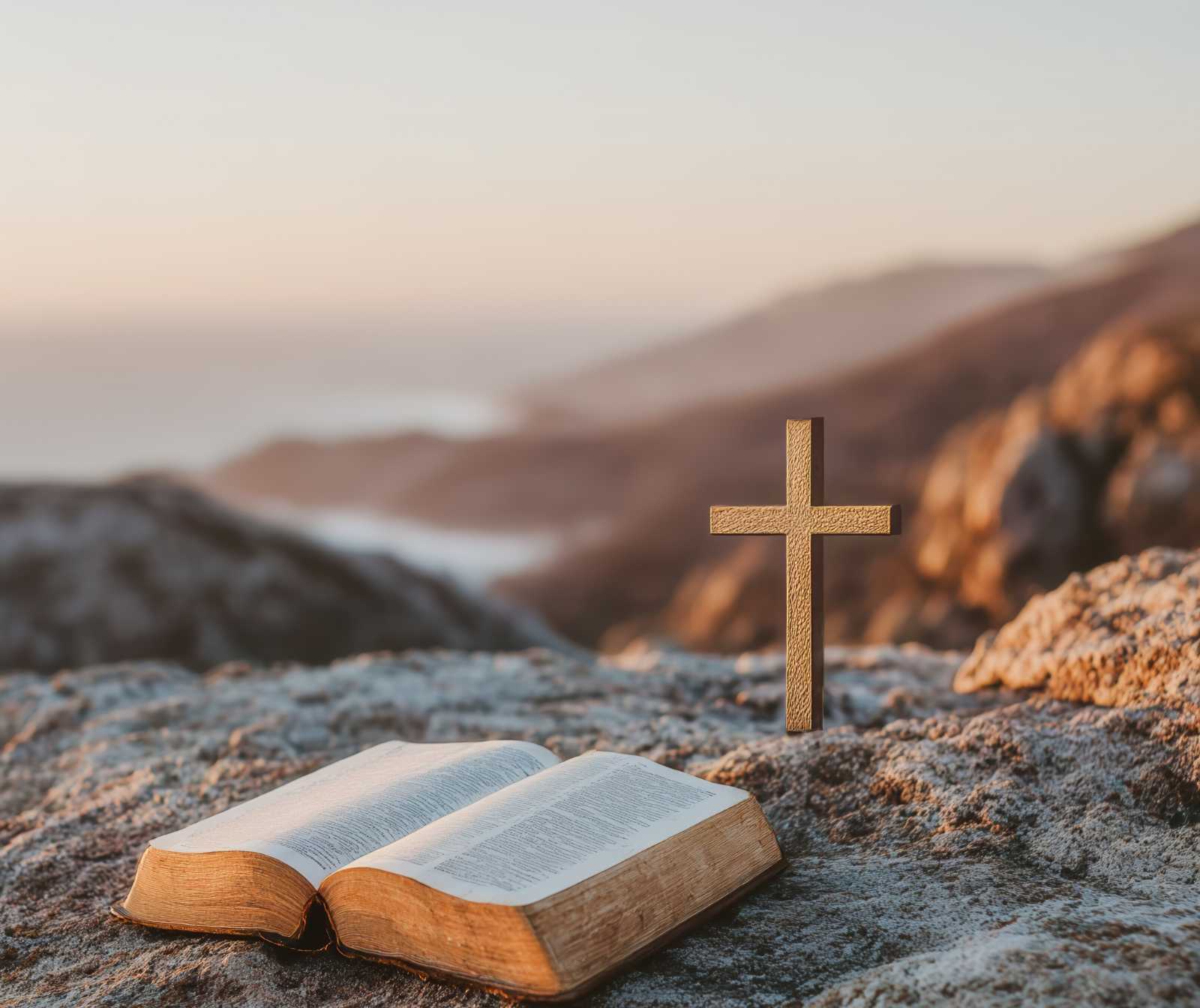 auf einem Felsen, mit weiteren Bergen und Gewässer im Hintergrund, liegt ein aufgeschlagenes dickes Buch. davor steht ein kleines Kreuz