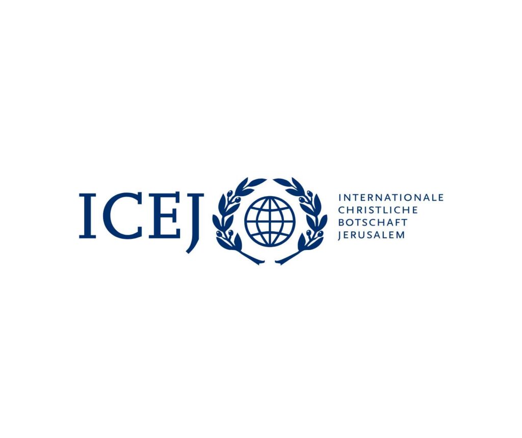 ein blaues Logo auf weißem Hintergrund. Zu lesen: ICEJ. Internationale Christliche Botschaft Jerusalem