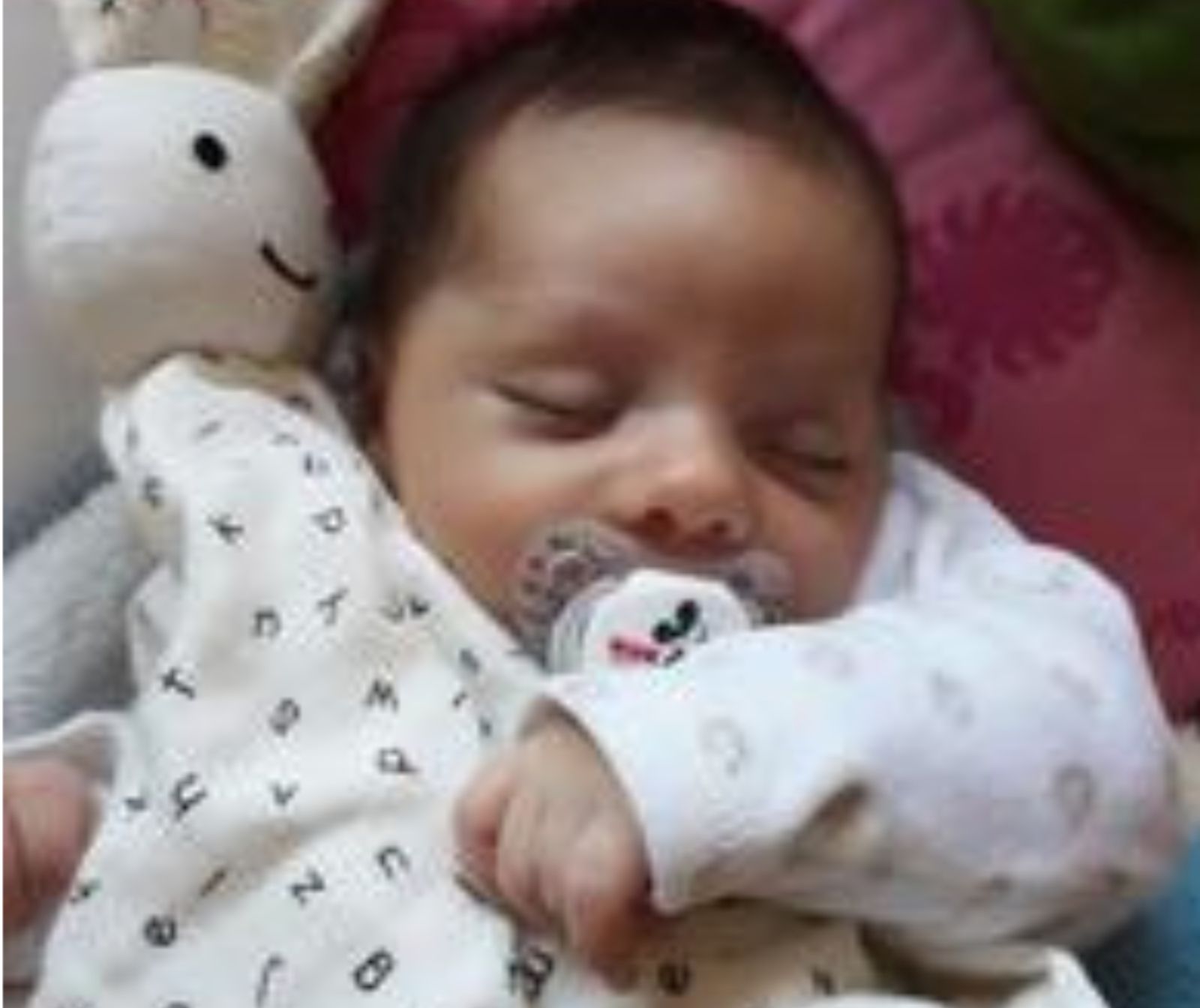 ein schlafendes Baby mit Kuscheltier und Schnuller