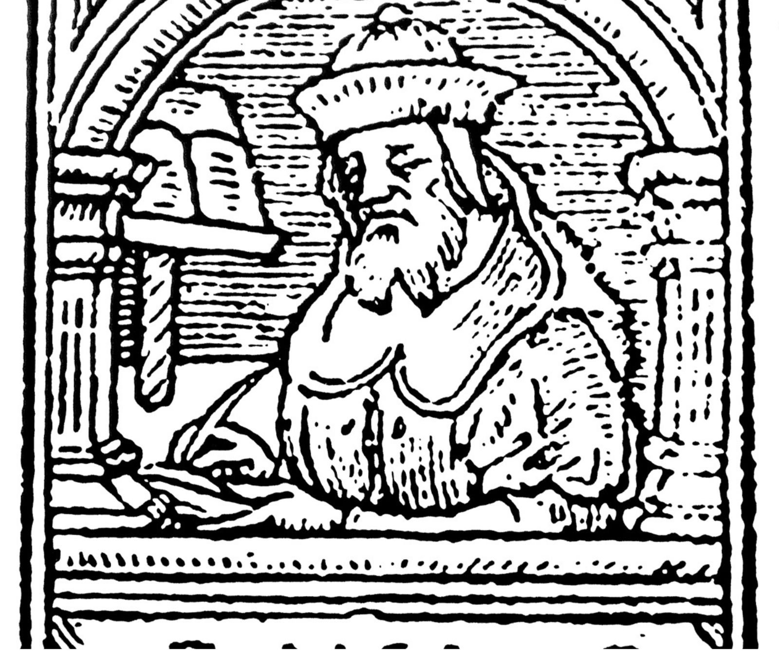 Eine symbolische Darstellung Raschis, der Mann trägt einen Hut, seiner Zeit entsprechende Kleidung und schreibt mit einer Feder.