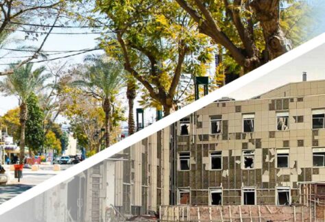 Ein Bild mit zwei Aufnahmen, die durch einen diagonalen weißen Balken voneinander abgehoben sind. das obere Bild zeigt eine Straße gesäumt mit Palmen und blauem Himmel, das untere ein zerstörtes Gebäude