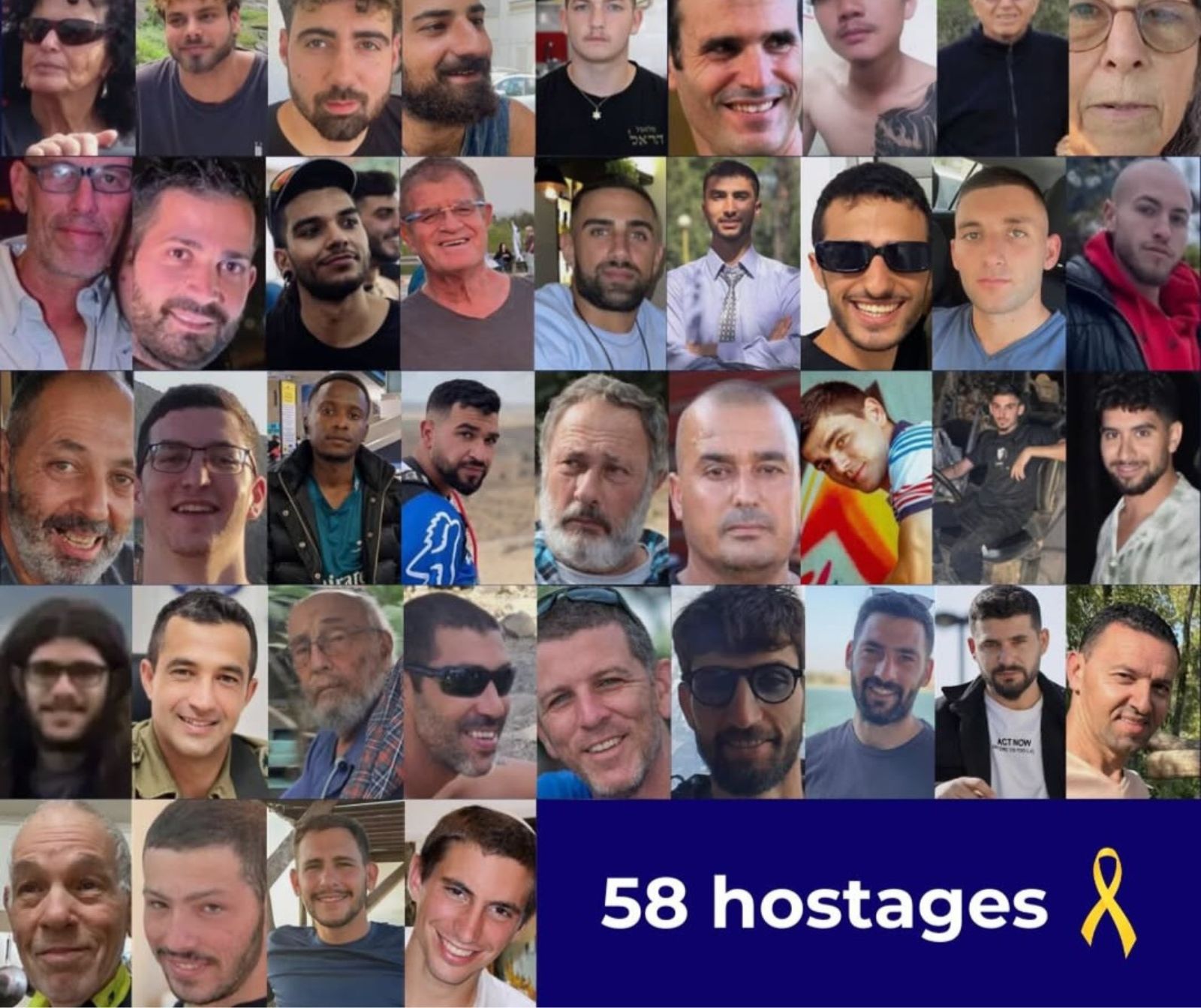 Rechts unten im Bild steht ein Text "58 Geiseln". Der Rest des Bildes zeigt kleine Ausschnitte von Bildern der Geiseln.