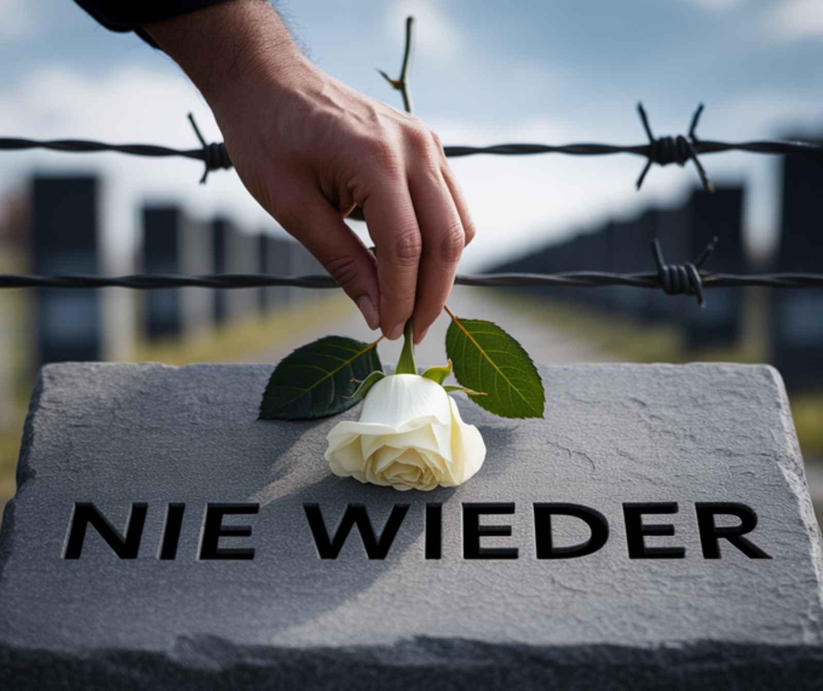 ein Stein auf dem steht: Nie wieder. Im Hintergrund ist Stacheldraht, eine Hand hält eine weiße Rose auf die Steintafel