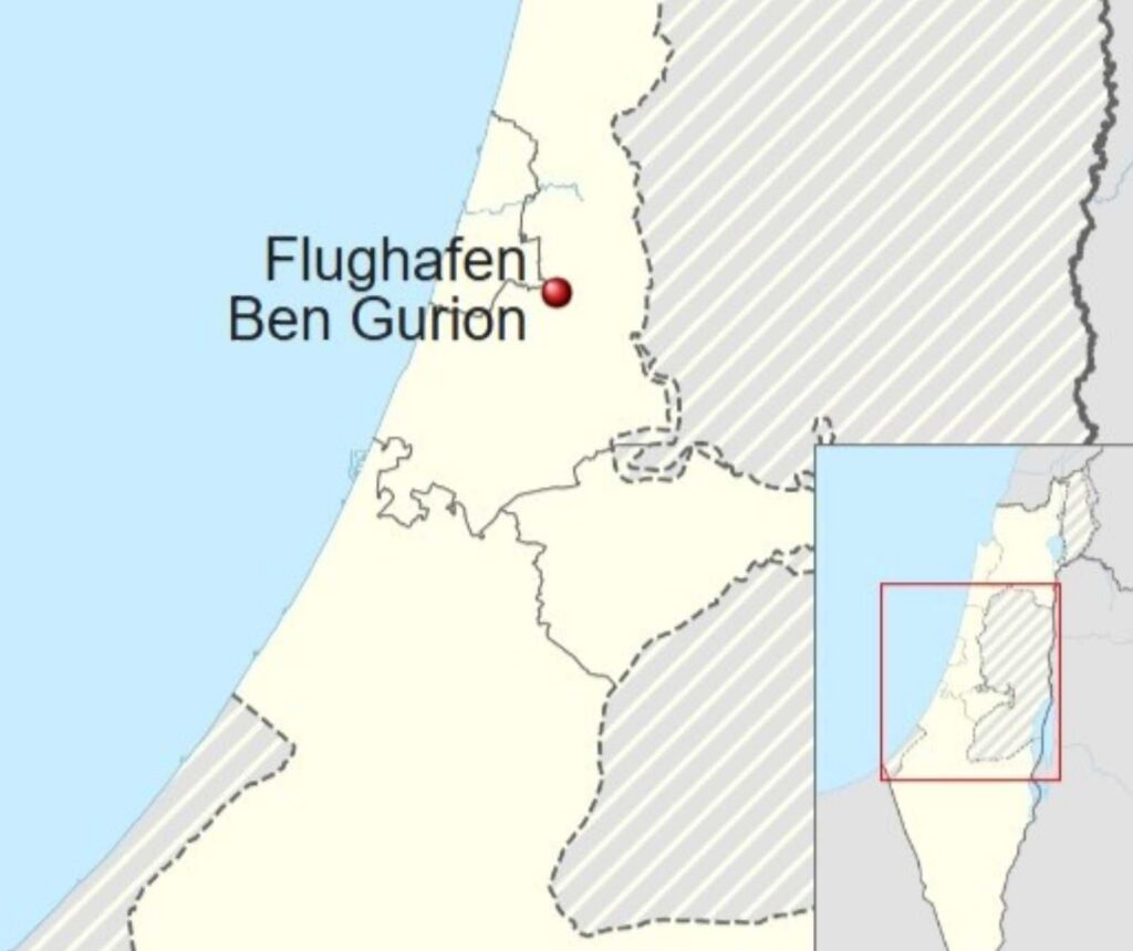 Huthi: Raketenangriffe und Drohnen - Laser soll schützen. Karte von Israel auf der der Ben Gurion Flughafen markiert ist