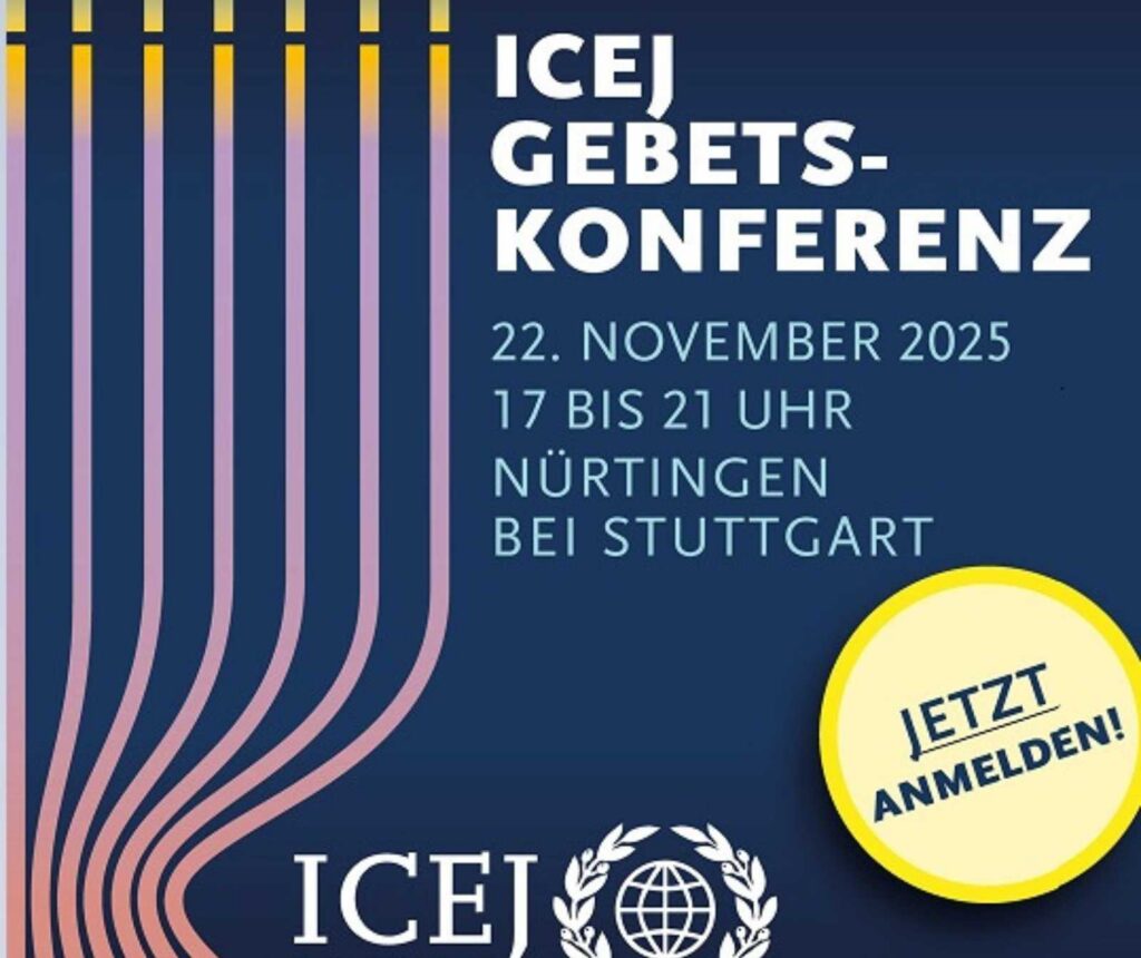 Arabische Christin betet für Israel in Nürtingen- Plakat der ICEJ Gebetskonferenz mit ICEJ Logo
