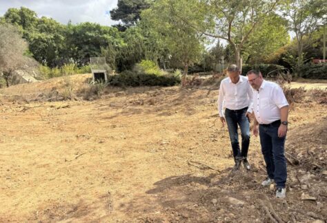 Zwei Männer sehen sich einen leeren Grund in einer Landschaft an