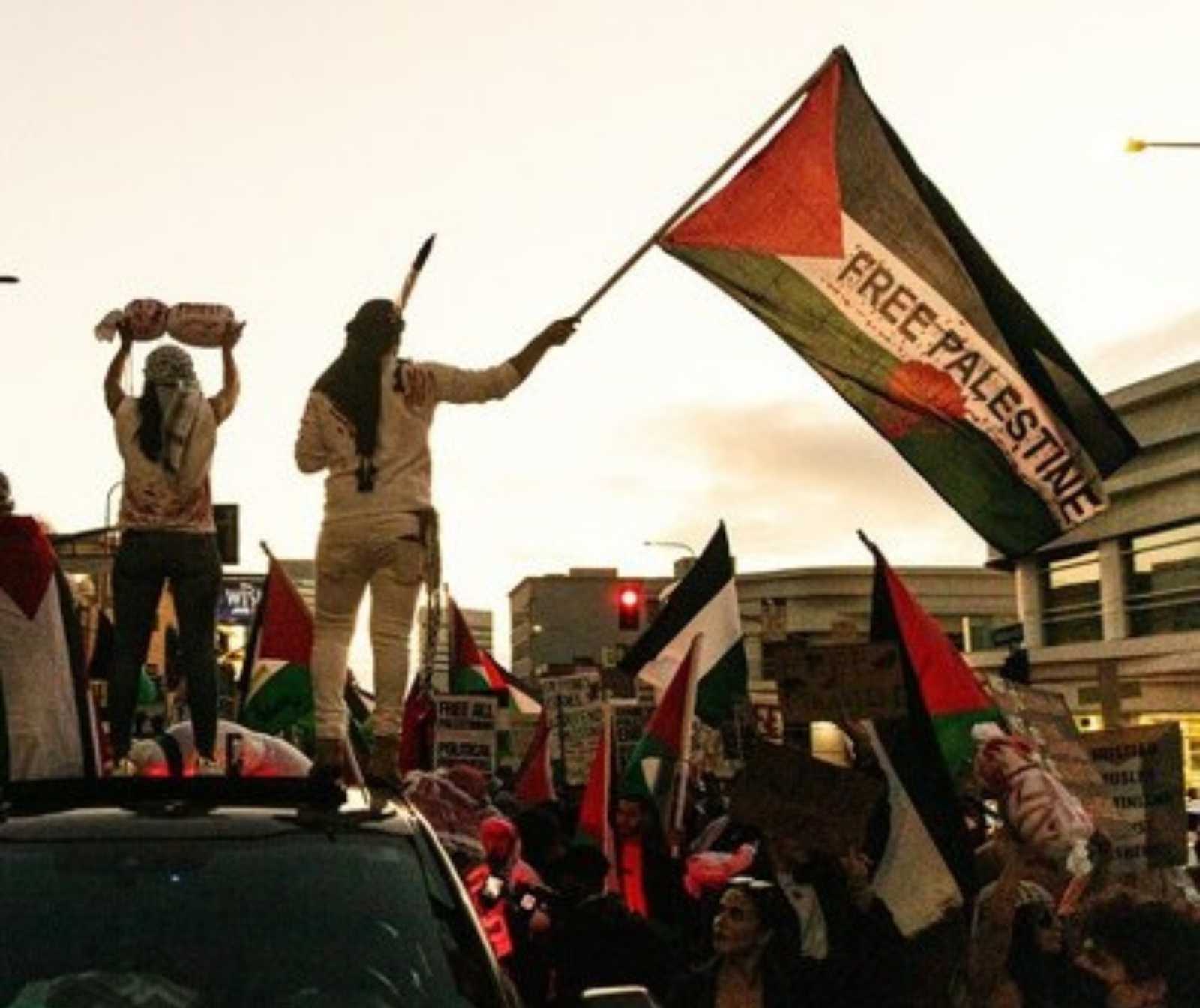 eine Gruppe von Menschen mit Palästinenser Fahnen. Zwei davon stehen auf dem Dach eines Fahrzeugs. Auf einer Flagge ist zu lesen: Free Palestine