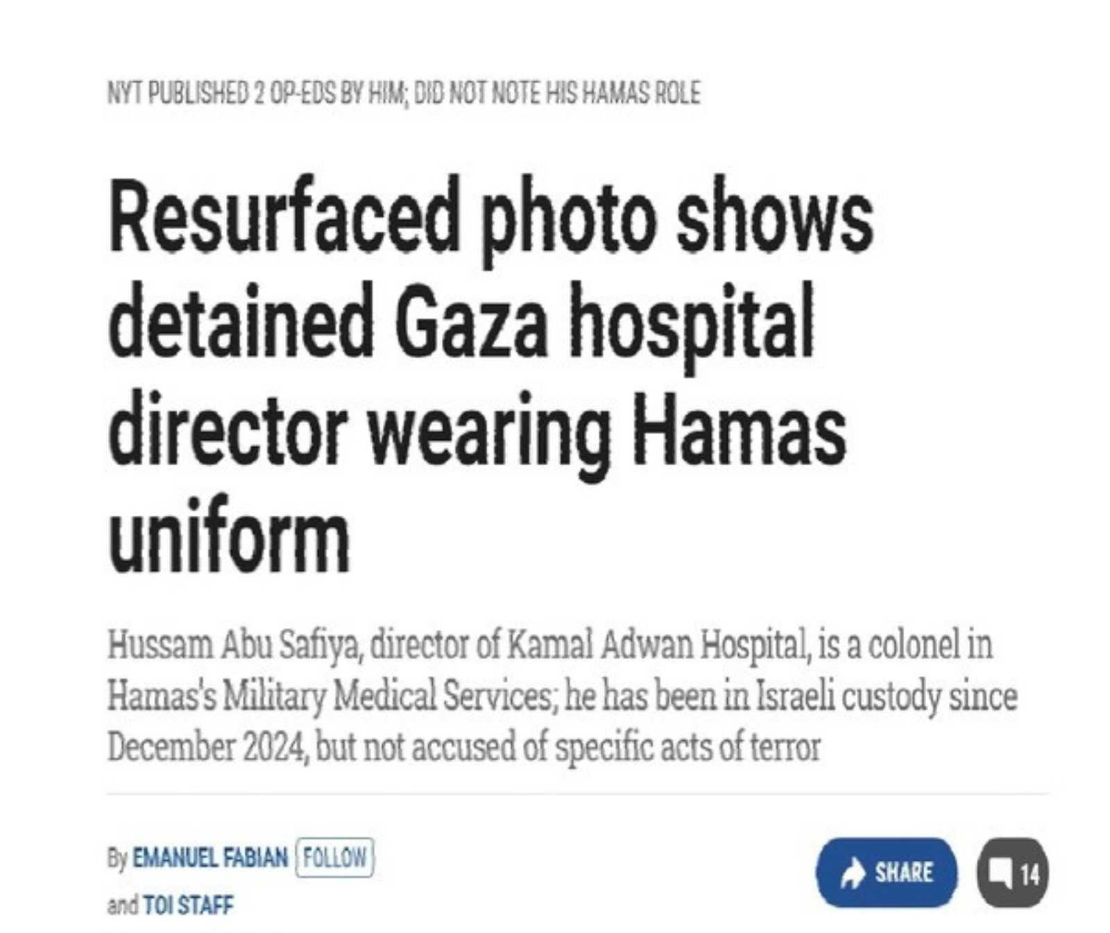 Abbildung eines Nachrichtenartikels in Englisch über festgenommenen Krankenhaus Direktor in Gaza