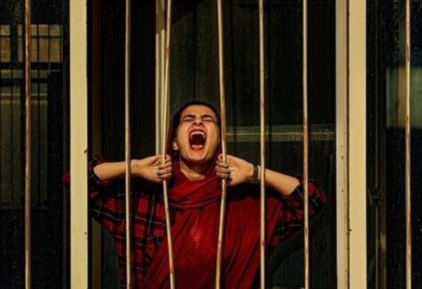 eine Frau in rotem Gewand hinter Gitterstäben. Sie hält zwei, die etwas auseinanderstehen, in der Hand und schreit durch diese hindurch