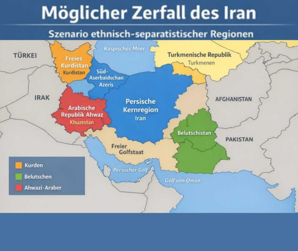 Eine Karte, die aufzeigt, wie der Iran nach einem möglichen Zerfall von den Regionen her aussehen könnte