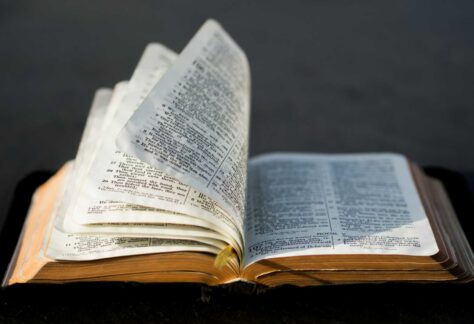 aufgeschlagenes Buch auf dem Tisch, dessen Seiten sich leicht bewegen